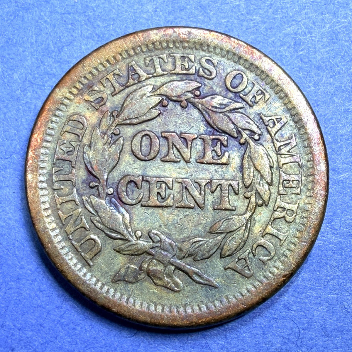 1851 Braided Hair Large Cent 1C AU Rainbow Toned Super Toner Copper US Coin