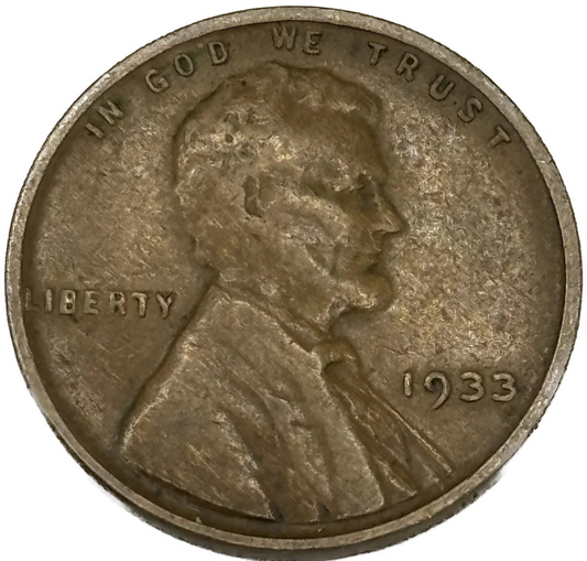 1933 Lincoln Cent Good - Very Good  (G-VG) Circulated Condition Copper Penny