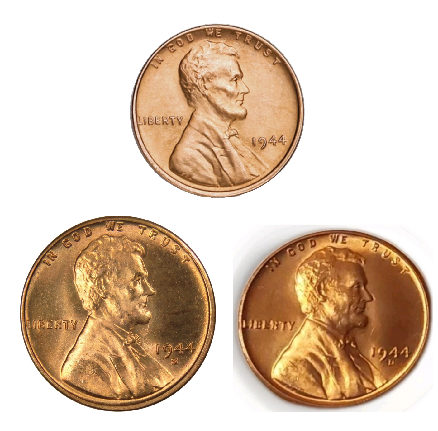 ✅  1944 P/D/S BU Uncirculated 3 COIN SET Lincoln Wheat Cents Choice RED Beauties