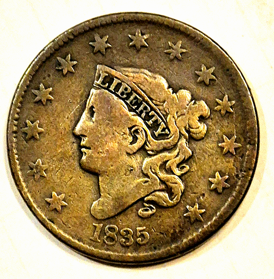 1835 Coronet Head Large Cent Lg 8 and Stars VF Features 15°CW Rotated Die Error