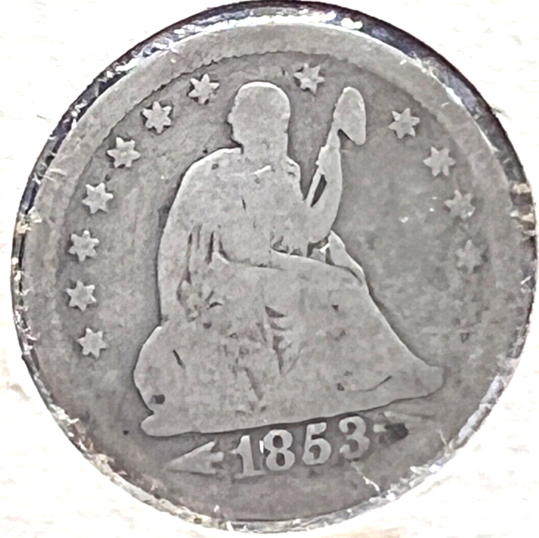 1853 Seated Liberty Quarter Arrows & Rays G Good 90% Silver Old Paper Flip 25C
