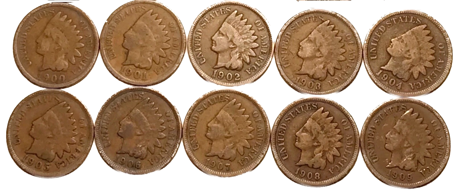 LOT of 10  ⭐️ 1900 - 1909 Indian Head Cent Penny Coins  G / VG  Condition