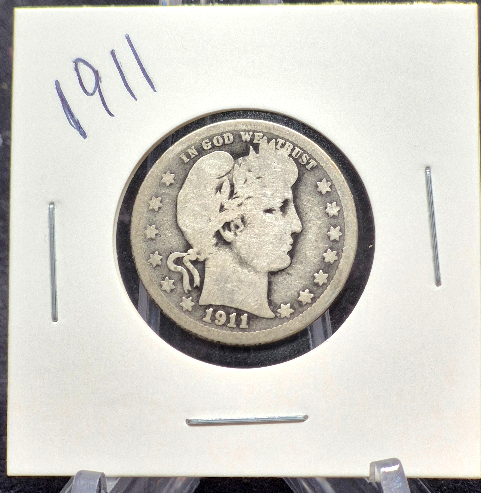 1911 Barber Silver Quarter 90% SILVER Coin Very Good Features Partial Motto 25C