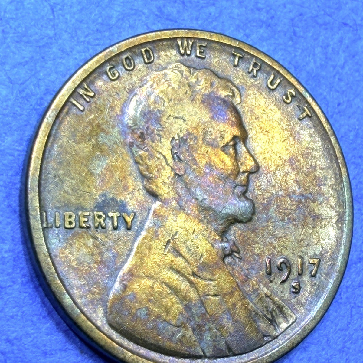 1917-S Lincoln Wheat Cent Toner 1C Penny San Francisco Mint XF Gold Violet Tone