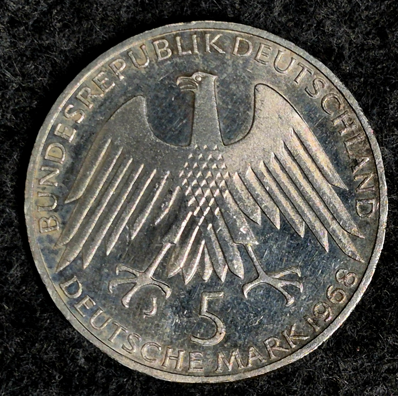 1968 J  GERMANY FEDERAL 5 MARK Friedrich Raiffeisen 0.625 SILVER COIN KM#121