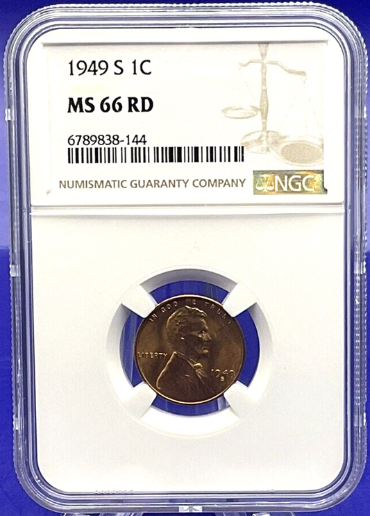 ⭐️ 1949-S LINCOLN WHEAT CENT 1C NGC MS 66 RD 🔥 Fire Red Color UNCIRCULATED Coin