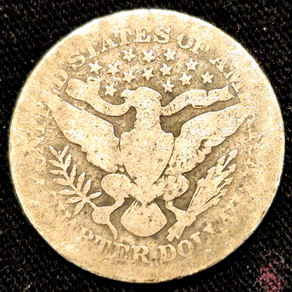 1909 Barber Silver Quarter 90% SILVER Coin Good Circulated Features 25C