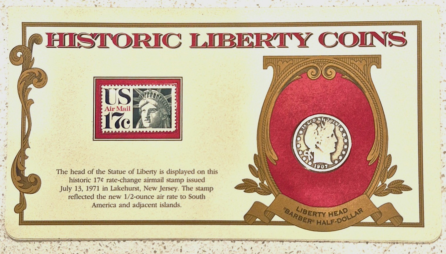 1907-P Barber Half VG+ Features 90% Silver 50C Historic Liberty Coin/Stamp Set