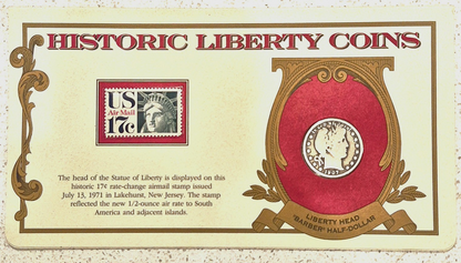 1907-P Barber Half VG+ Features 90% Silver 50C Historic Liberty Coin/Stamp Set