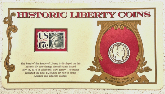1907-P Barber Half VG+ Features 90% Silver 50C Historic Liberty Coin/Stamp Set