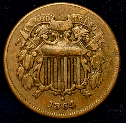1864 2 Cent Piece Bold XF+ Features, Partial "We" Large Motto, Broadstrike Error