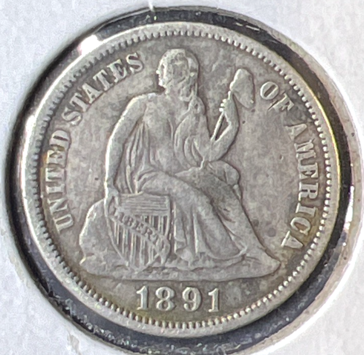 💥 1891 Very Fine Liberty Seated Dime 90% Silver 10c Coin Full Liberty Last Year