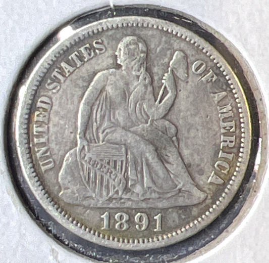 💥 1891 Very Fine Liberty Seated Dime 90% Silver 10c Coin Full Liberty Last Year