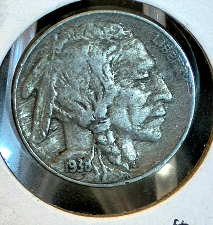 1938-D Buffalo Nickel Denver Mint 5C XF+ Bold Date & Mint Mark W/ Full Horn Cape
