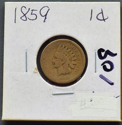 1859  INDIAN CENT FIRST YEAR G+ FEATURES TYPE ONE LAUREL WREATH REVERSE 1C