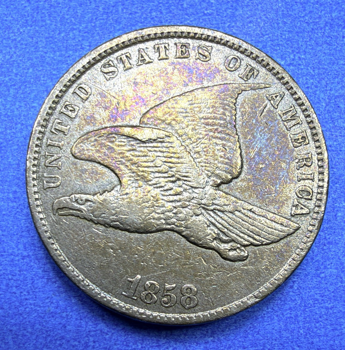 1858 Flying Eagle Cent XF Rainbow Toner Purple Gold Large Letters Low Leaves?