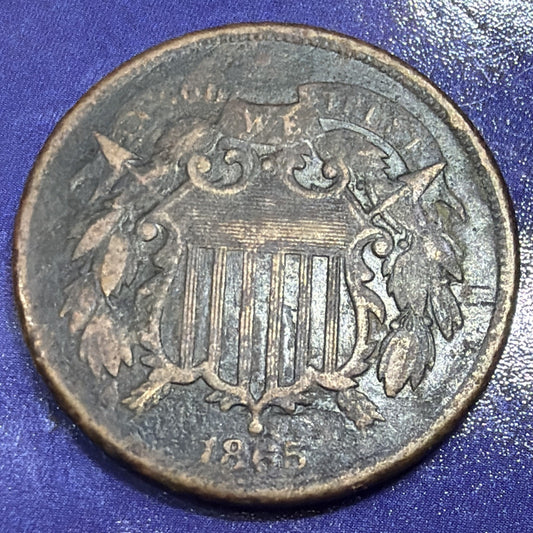 1865 Two Cent Piece 2C G Good Shield Bronze Die Crack US Coin Philadelphia