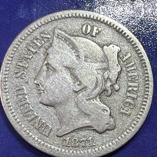 1871 Three Cent Nickel 3c Fine Liberty Head Better Date US Type Coin
