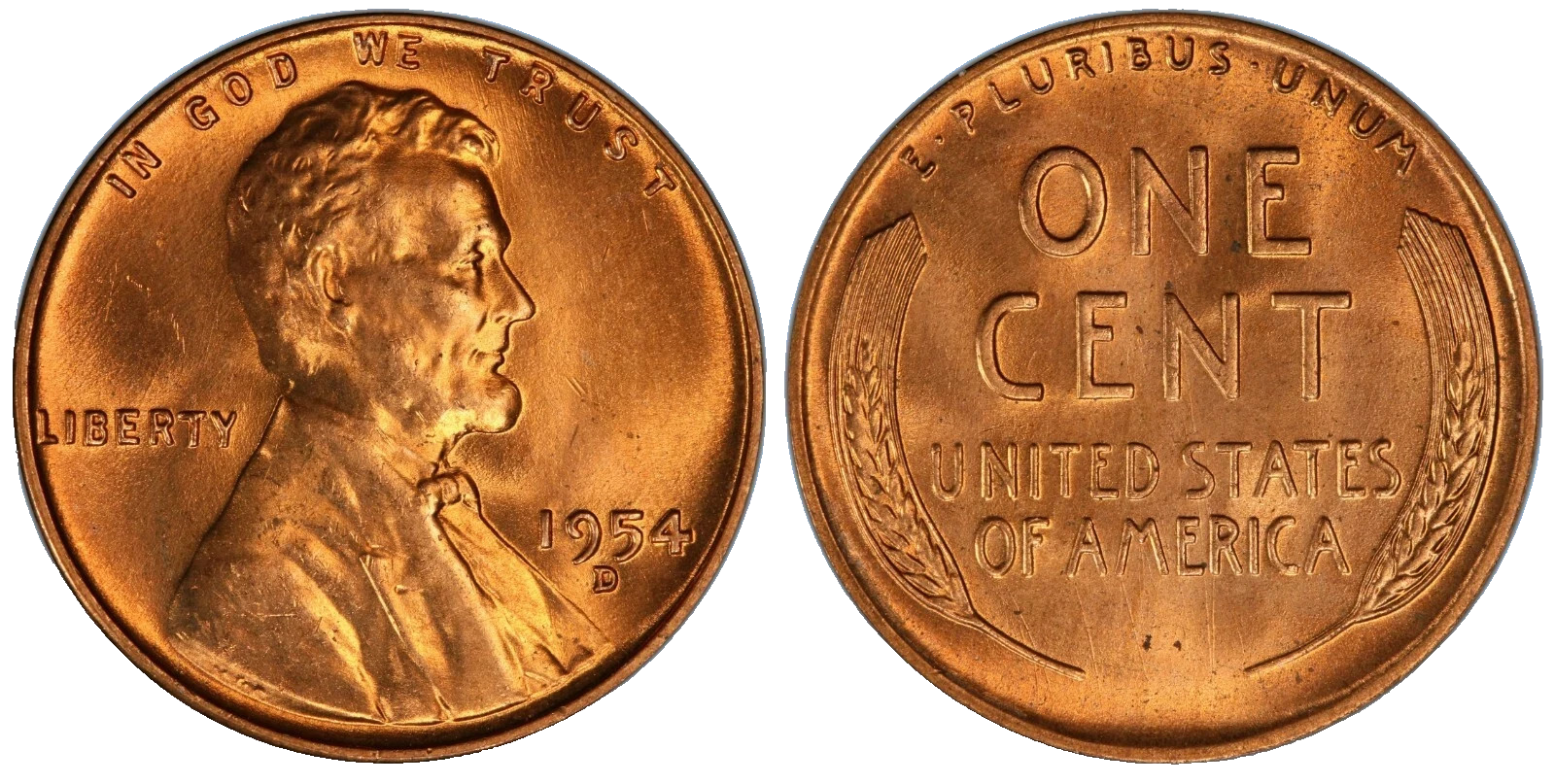 1954 D Lincoln Wheat Cent BU RED Uncirculated Mint State 1c Coin From OBW