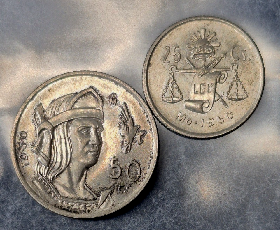 1950 Mexico 50 & 25 Centavos .300 Silver Plata Cuauhtemoc Balanza First Year Lot