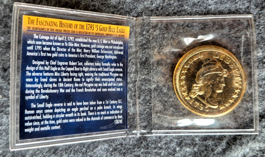 1795 $5 Gold Half Eagle Replica Coin w/ Case & Historical Info Card