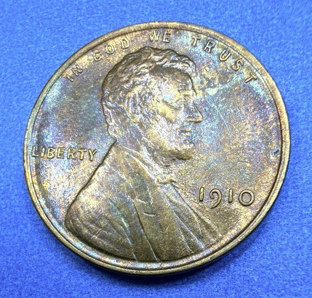 1910 Lincoln Wheat Cent Super Toner Blue Purple Gold Rainbow Toning AU Beauty
