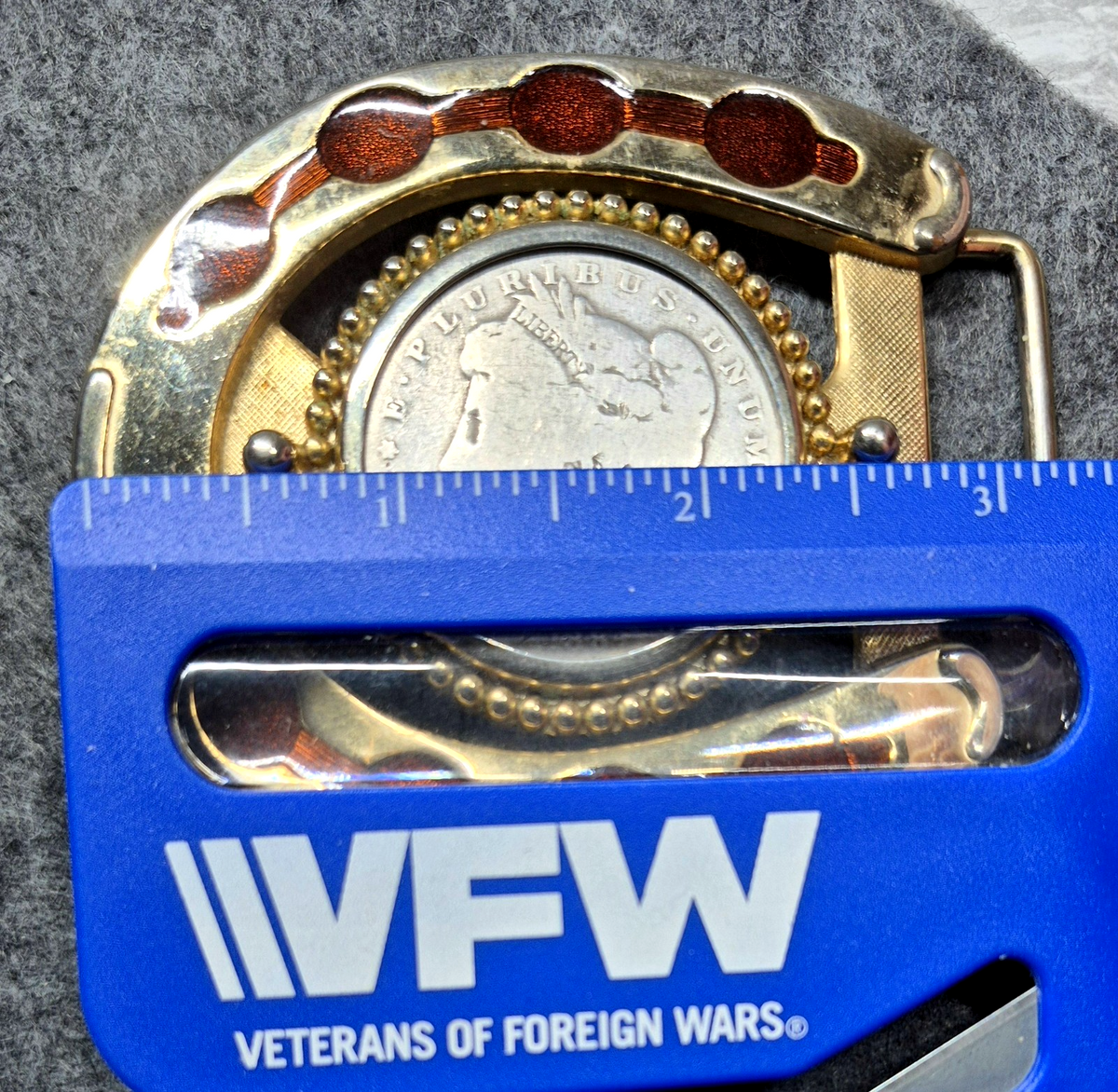 1884 Morgan Silver Dollar Horseshoe Belt Buckle Vintage Western Gold Tone VG