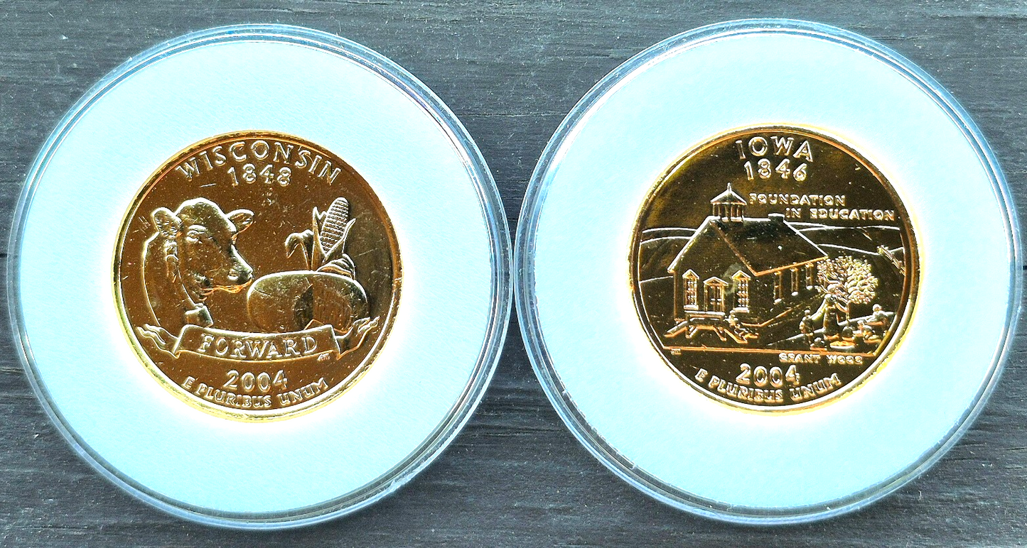 2004 D Iowa and 2004 D Wisconsin 24k Gold Plated State Quarters in Capsules
