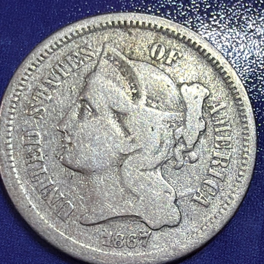 1867 Three Cent Nickel 3c VG-Fine Liberty Head US Type Coin