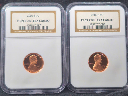 😲 (2) 2005 S Proof Lincoln Cents NGC Grade PF69 RD Red Ultra Cameo 🔥Sequential