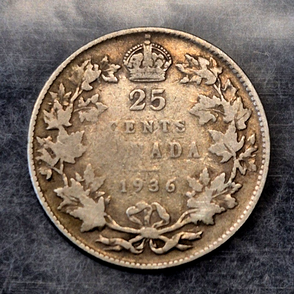 1936 Canada 25 Cents Quarter George V 80% Silver Last Year of Type KM24a Good-VG