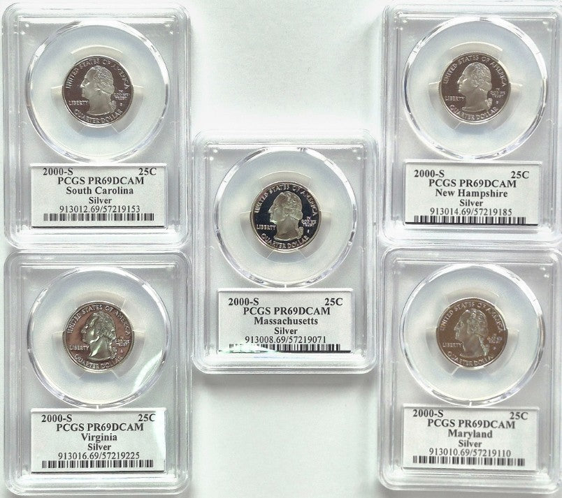 2000 S State Quarter Set 90% Silver PCGS High Graded PR69DCAM (VA/MA/SC/NH/MD)