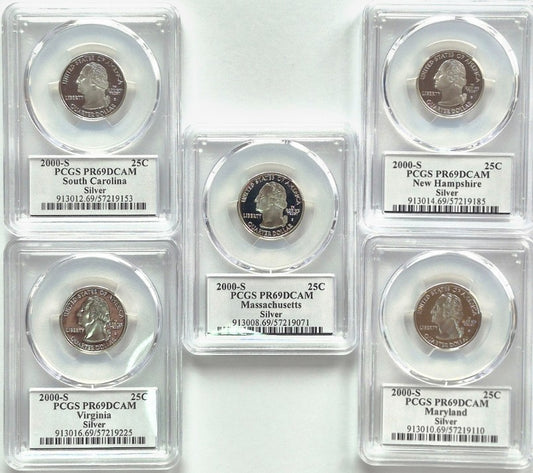 2000 S State Quarter Set 90% Silver PCGS High Graded PR69DCAM (VA/MA/SC/NH/MD)