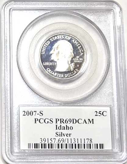 ✅ 2007-S Idaho 90% SILVER Washington Quarter ~ PCGS PR69DCAM State Flag Label