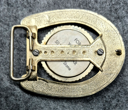 1884 Morgan Silver Dollar Horseshoe Belt Buckle Vintage Western Gold Tone VG