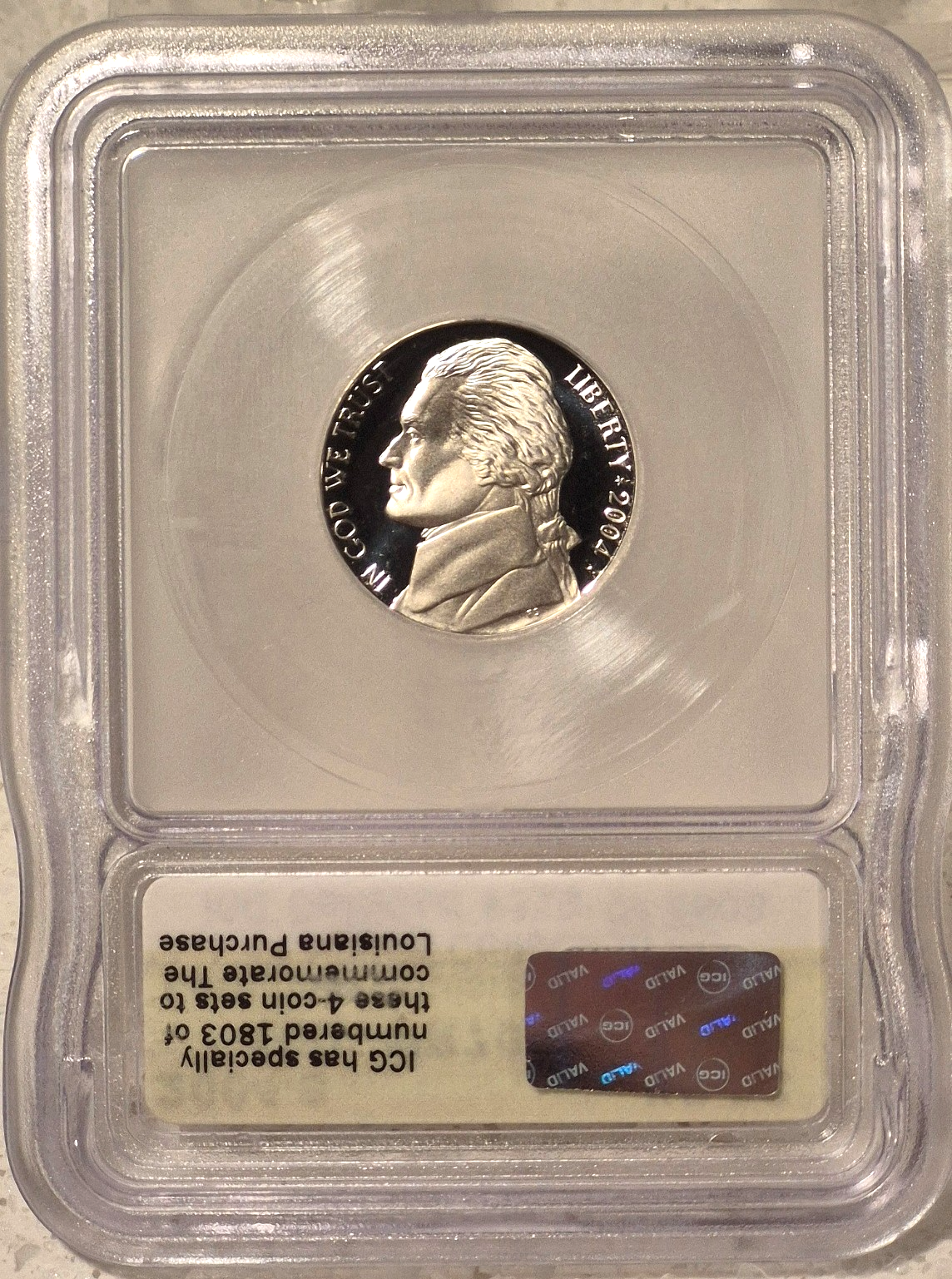 2004-S 5c ICG PR70DCAM JEFFERSON KEEL BOAT NICKEL PROOF DEEP CAME0 319 OF 1803