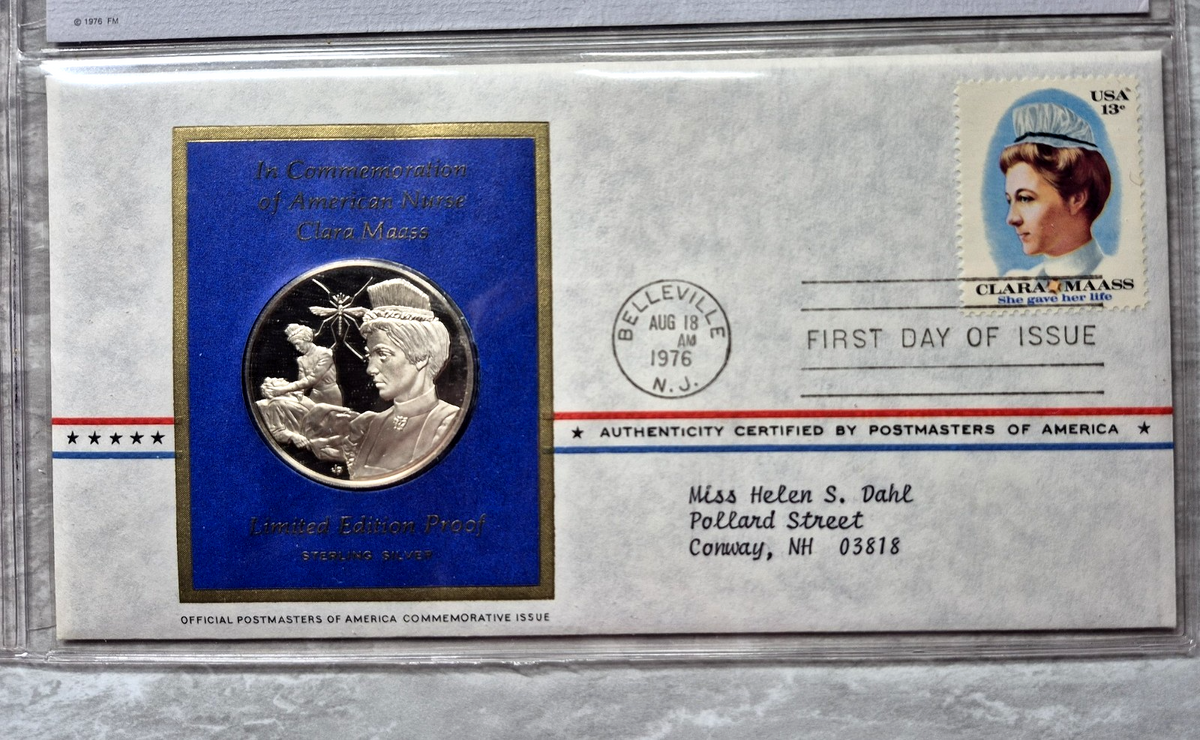 1976 Postmasters of America Clara Maass Sterling Silver Proof Medal FDC Set