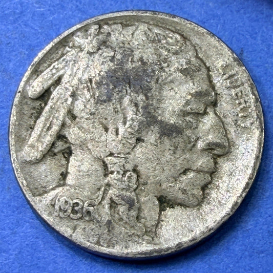 1936-D Buffalo Nickel 5C F Fine Full Date Denver Mint Indian Head US Coin