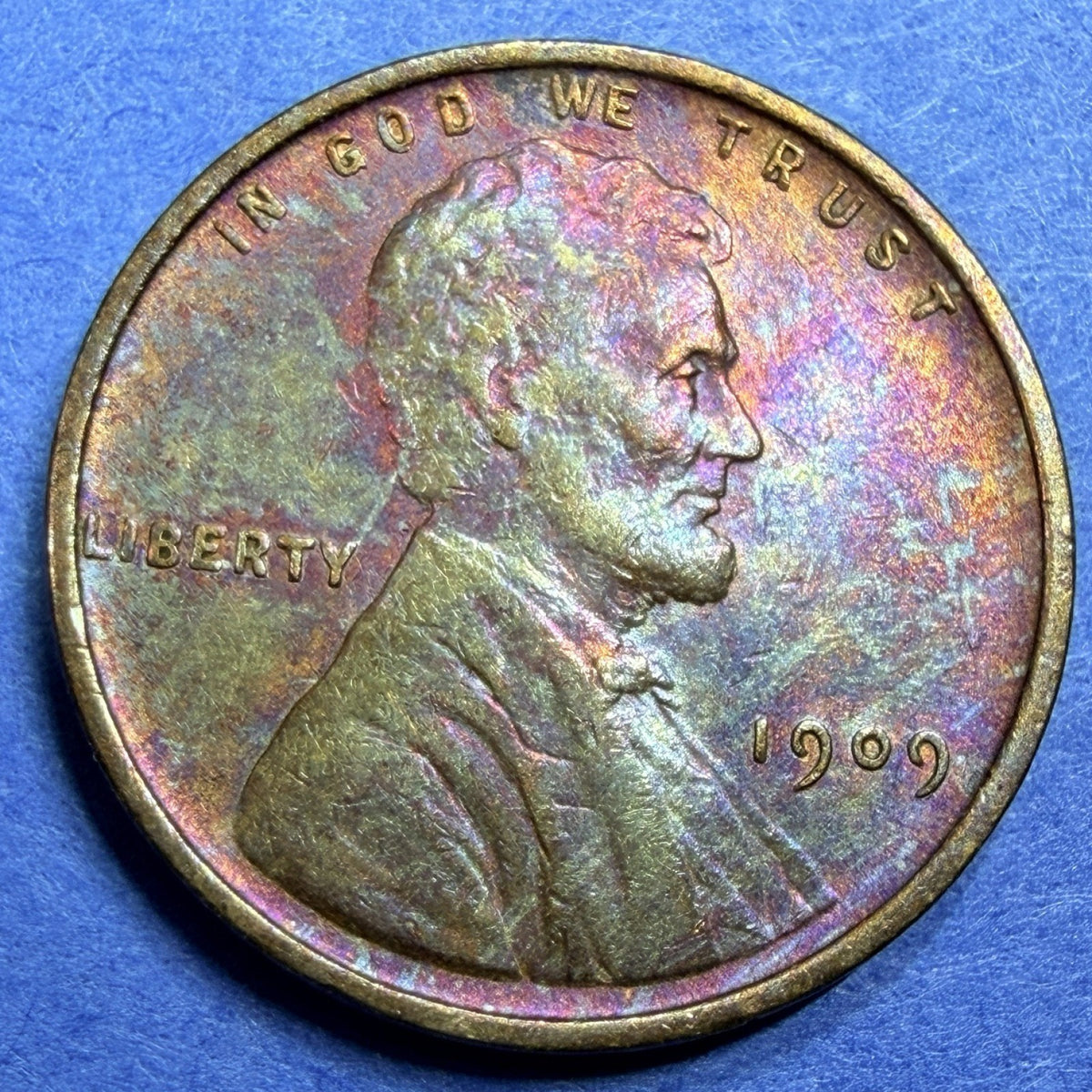 1909 Lincoln Wheat Cent 1C AU Rainbow Toned Philadelphia Mint US Coin