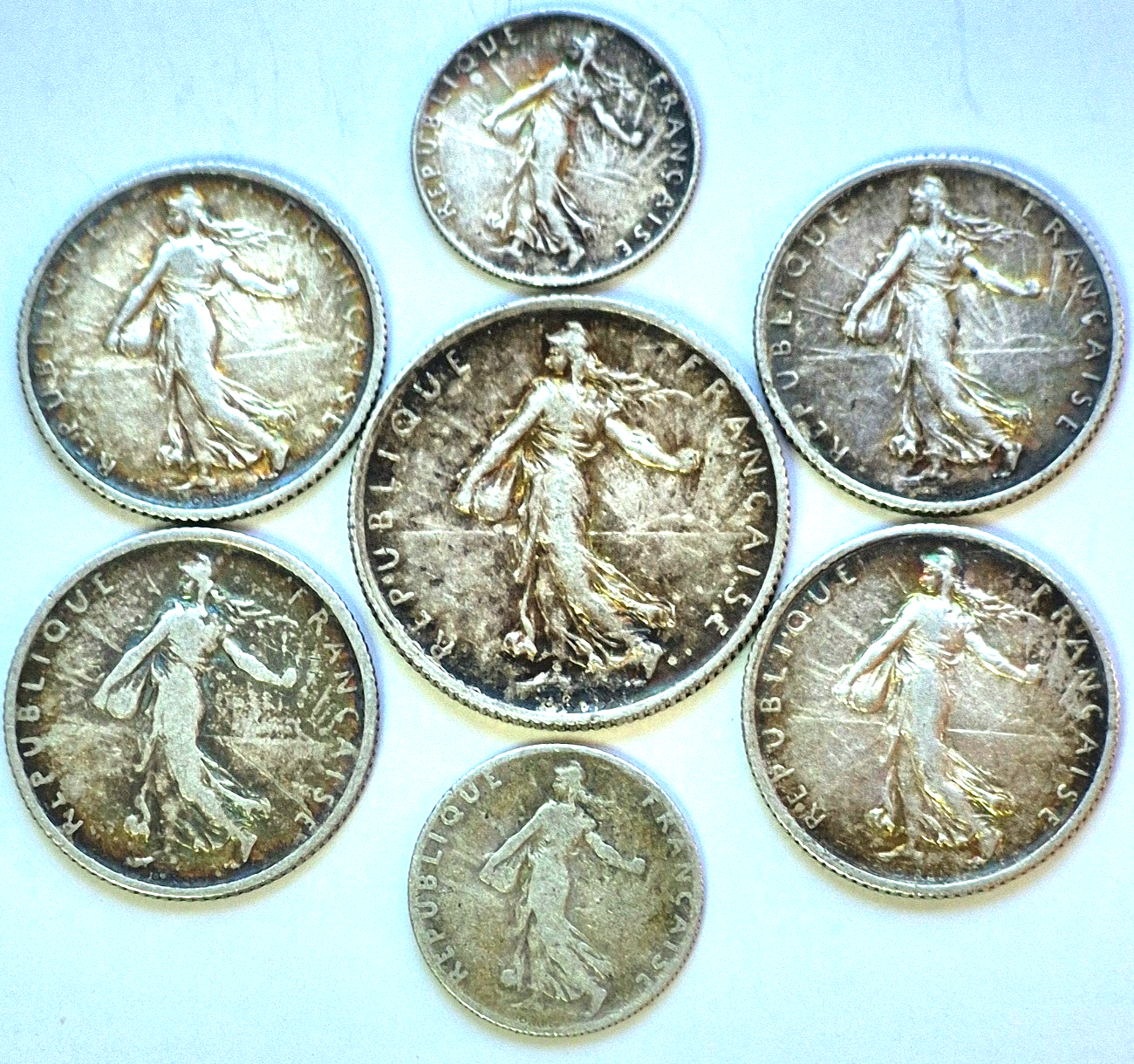 Lot (7) France .835 Silver Coins, (1) 2 Francs (4) 1 Franc (2) 50 Centimes Toned