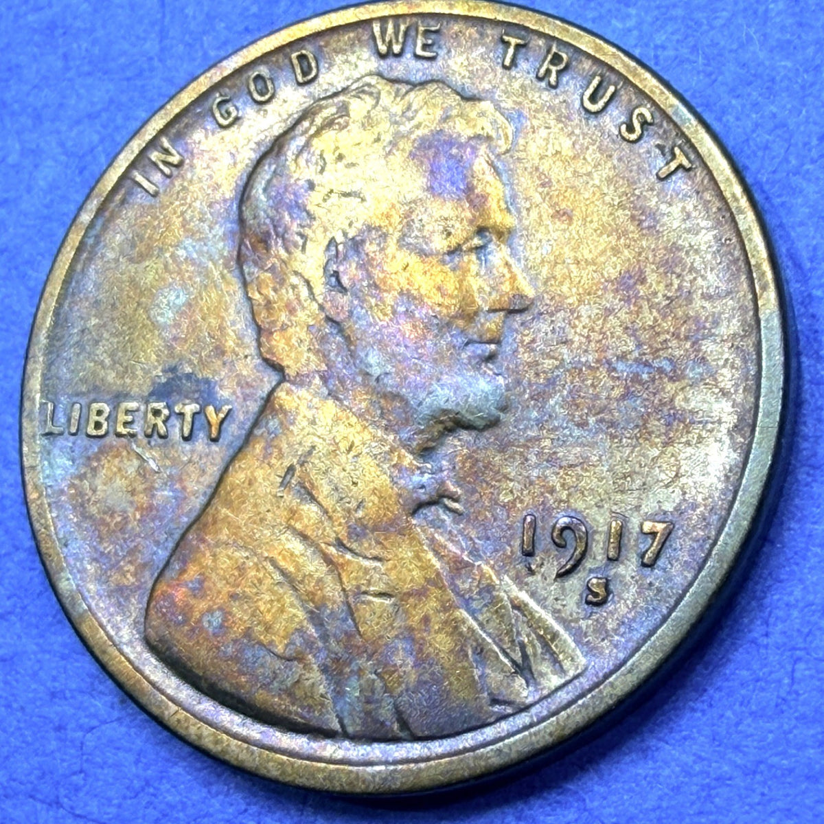 1917-S Lincoln Wheat Cent Toner 1C Penny San Francisco Mint XF Gold Violet Tone