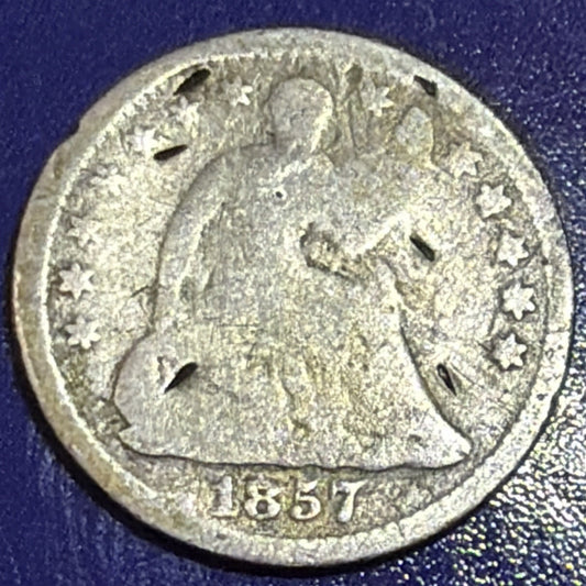 1857 Seated Liberty Half Dime 5C G Good Damaged 90% Silver US Coin Philadelphia