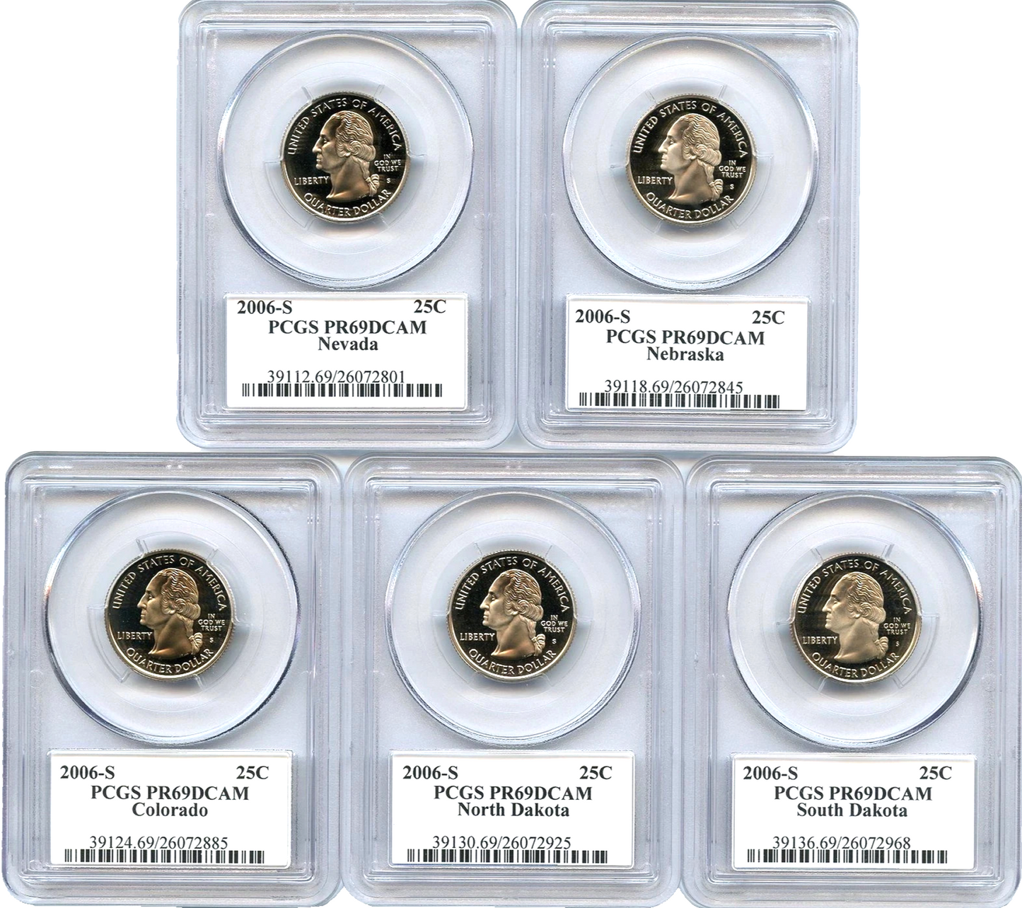 🔥 2006 S 5 Coin State Quarter Set PCGS PR69DCAM NV NE CO ND SD Flag Labels