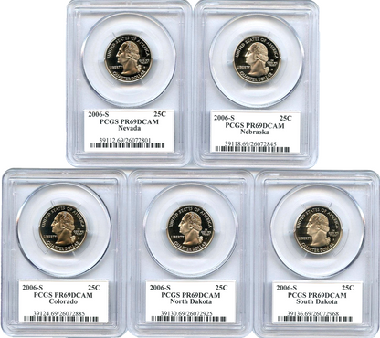 🔥 2006 S 5 Coin State Quarter Set PCGS PR69DCAM NV NE CO ND SD Flag Labels