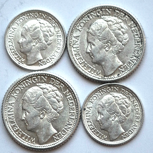 (4) CURACAO 1941-P .640 SILVER COINS (2) 10 CENTS & (2) 25 CENTS AU+ FEATURES