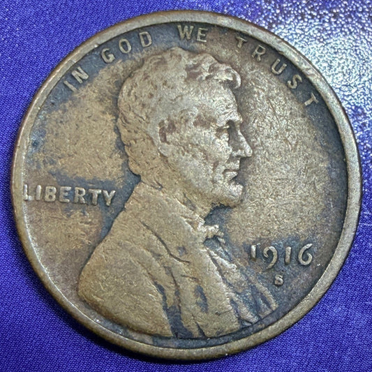 1916-S Lincoln Wheat Cent 1C F Brown Penny San Francisco Better Date US Coin