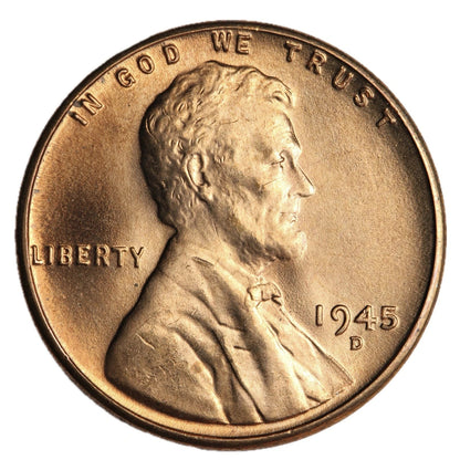 ✅ 1945-D BU Uncirculated Lincoln Wheat Cent Choice RED Coin From OBW Bank Roll