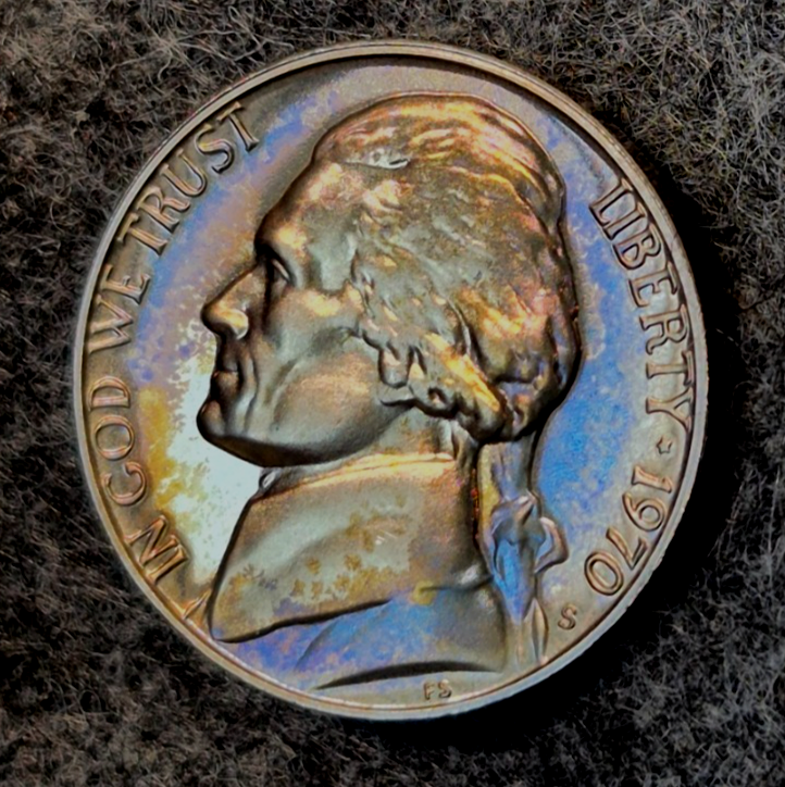 1970-S Jefferson Nickel 5C Choice Proof Rainbow Toned Toning San Francisco Coin