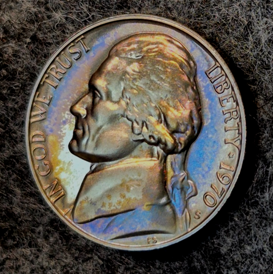 1970-S Jefferson Nickel 5C Choice Proof Rainbow Toned Toning San Francisco Coin