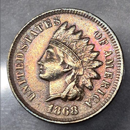 1868 Indian Head Cent Penny 1C XF+ Extremely Fine Rainbow Toned Scarce Date